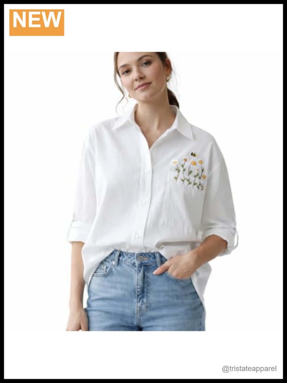 Women's Linen Oversized Button Down Shirt, Hand Embroidered Daisy Bee Pocket,